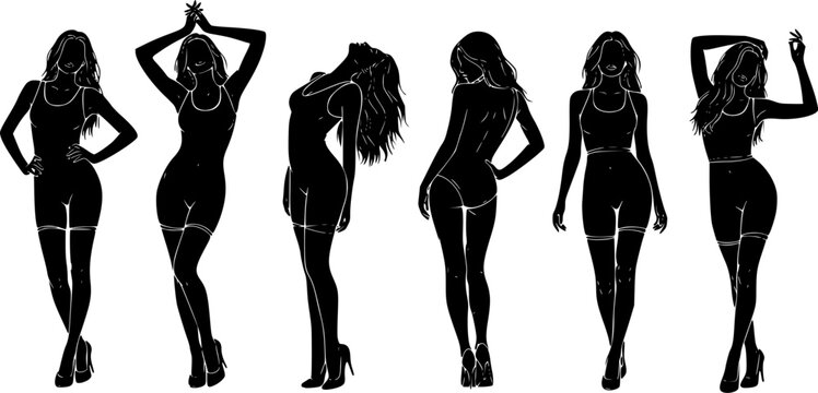 Silhouette collection of female fashion models in different poses standing in row, stylish women figure set for elegance, beauty and fashion design