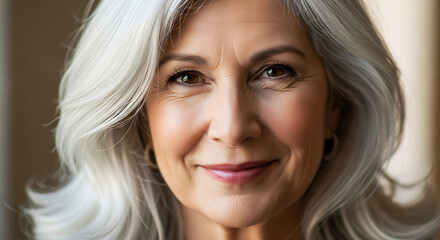 Naklejka premium Close-up Portrait of a Smiling Mature Woman with Gray Hair and Wrinkles senior elderly