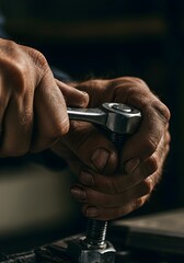 Fototapeta premium Extreme Close-Up of Aged Hands Tightening Bolt with Wrench Grease on Fingertips in Dramatic Lighting