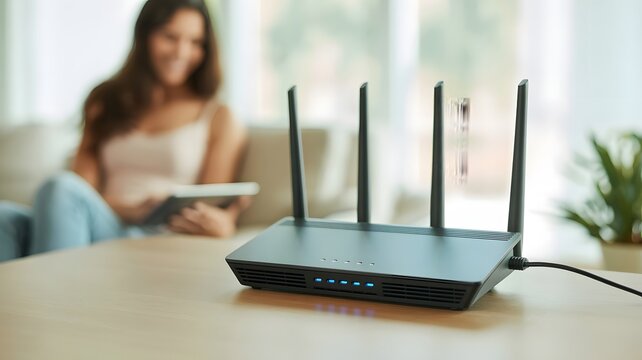 Selective focus at router. Internet router on working table with blurred happy woman using tablet at the background. Fast and high speed internet connection from fiber line with LAN cable connection.