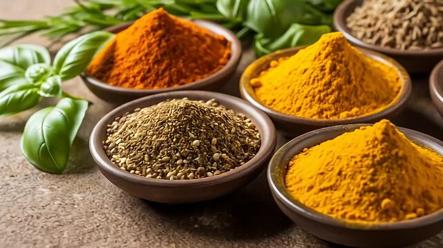 Close-up of herbs and colorful ground spices in brown bowls on a brown surface