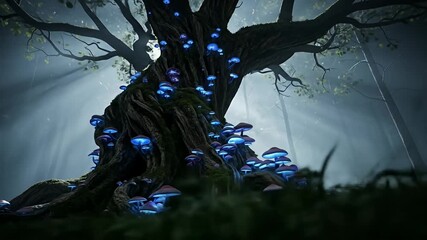 Enchanted forest scene with a large, gnarled tree covered in glowing blue mushrooms - Powered by Adobe