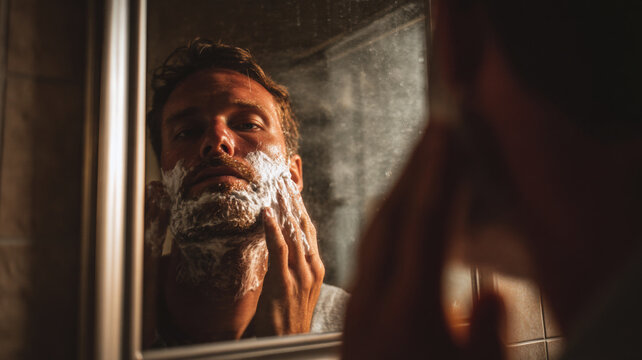 Man shaving with traditional razor and foam in bathroom mirror during classic morning grooming ritual