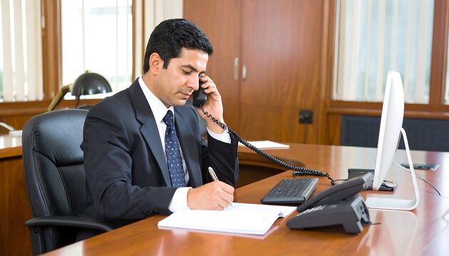 Businessman on phone, taking notes in office