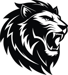 Fototapeta premium Black Silhouette of a roaring lion head, bold sports logo style