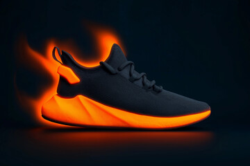 Sleek gray running shoe with orange glow effects suitable for athletic apparel, sports equipment, shoe advertisements, and fitness related content.
