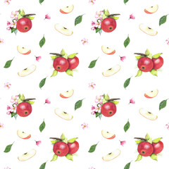 seamless pattern with apples and flowers, watercolor illustration for textiles, dishes, packaging, and kitchen utensils
