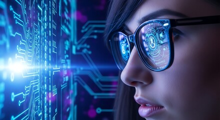 Close up of a person wearing glasses observing a glowing futuristic digital circuit board displaying data