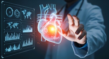 Doctor examining holographic heart scan with futuristic medical data displays futuristic healthcare technology concept