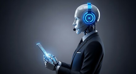 Futuristic robot wearing a headset and suit holds a glowing futuristic device for artificial intelligence innovation