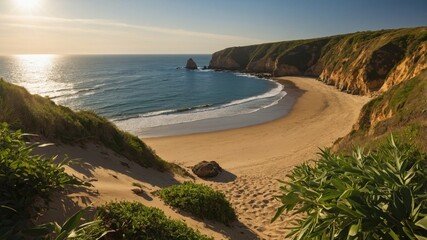 Serene beach landscape with gentle waves lapping at the shore under a clear sky at sunset