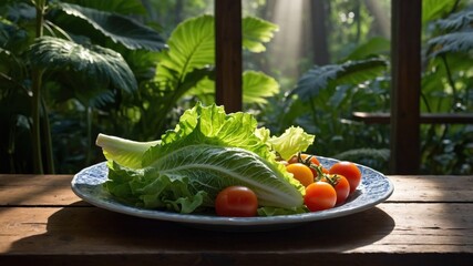 Freshly harvested lettuce and cherry tomatoes arranged on a rustic wooden table in a lush garden