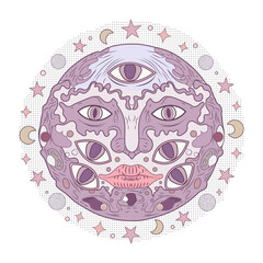 A flat style illustration showing mystical face 
