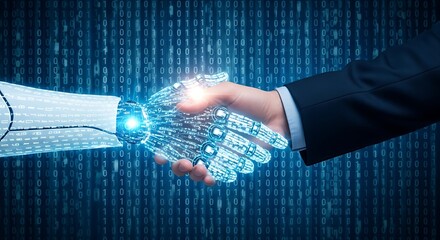 Futuristic robot and human handshake symbolizing ai technology and partnership