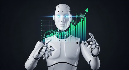 Advanced humanoid robot analyzing real-time stock market trading financial data graphs with futuristic technology