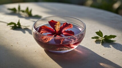 A vibrant red hibiscus flower floats gracefully in a glass bowl of water on a sunlit table, surrounded by greenery