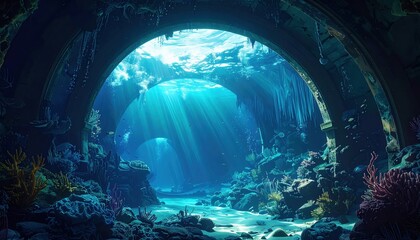 A sunlit, underwater cavern reveals vibrant coral reefs and ancient ruins.