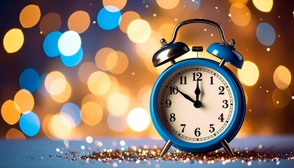 Blue alarm clock on a festive background