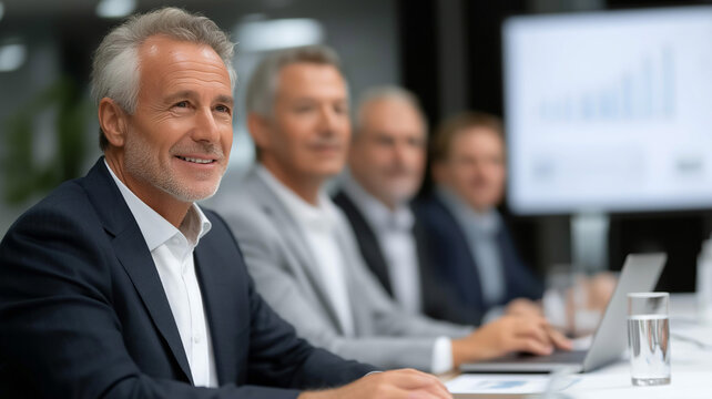 Modern corporate boardroom with multicultural business team collaborating on research plan, laptops and charts on table, digital screen presentation, teamwork and innovation in global workplace