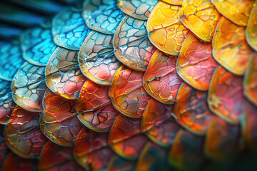 Vibrant colorful dragon scales displaying iridescent texture and gradient pattern creating captivating abstract fantasy background design detail