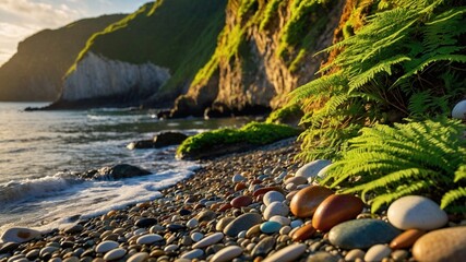 Serene coastal landscape with pebbles and ferns, capturing the sunset over cliffs and ocean waves