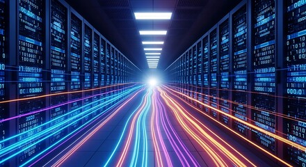 Futuristic data center with glowing neon lights and high-speed data flow concept
