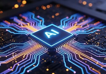 Advanced ai chip processing data with glowing circuits and futuristic technology concept