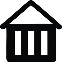 Simple black and white outline icon of a house structure with three rectangular openings representing windows or doors