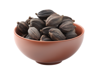 Dried black cardamom pods in brown bowl