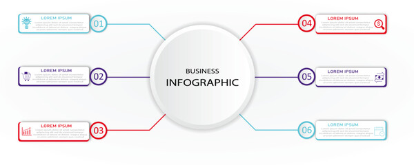 Marketing process visualization with white box diagram with icon | Business data timeline representation with 6 steps or option | Elegant vector illustration for web, presentation, report