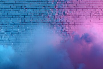 Obraz premium Blue and pink neon light illuminates a brick wall partially obscured by fog or smoke