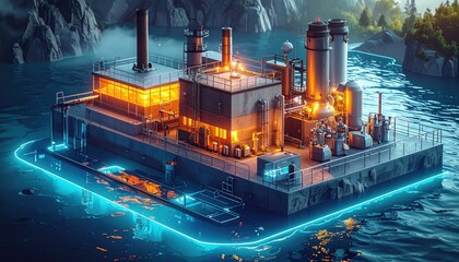 A floating industrial facility rests on tranquil water, illuminated by warm and cool light sources, creating a striking visual contrast.