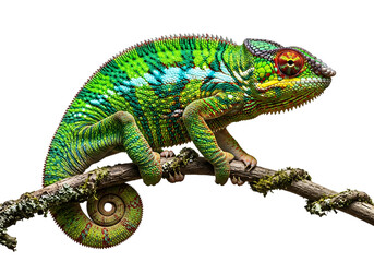 Obraz premium Vibrant chameleon perched on a branch with detailed scales transparent background