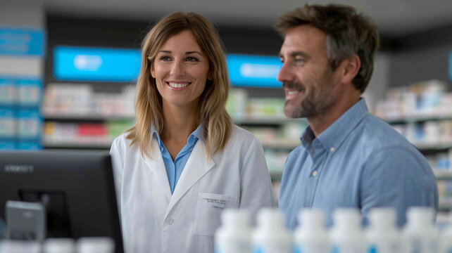 Modern pharmacy interior with professional female pharmacist in white lab coat consulting customer at counter, medicine boxes and prescription bottles symbolizing healthcare, guidance, and reliability