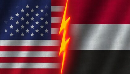 Fototapeta premium United States and Yemen flags divided by jagged line, symbolizing conflict