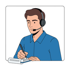 Attentive Male Customer Service Agent Taking Notes, Headset, Blue Shirt, Vector Illustration