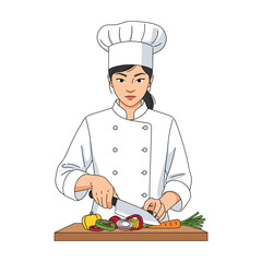 Female Chef Preparing Vegetables: Line Art Illustration, Clean Style