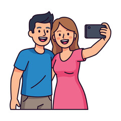 Happy Couple Taking Selfie: Cartoon Style Illustration