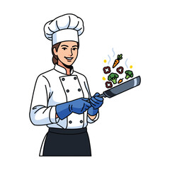 Happy Female Chef Cooking Fresh Vegetables in Pan