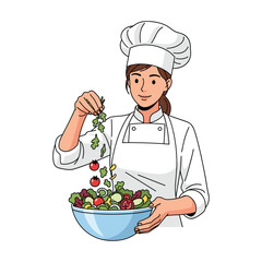 Happy Female Chef Preparing Fresh Salad; Cartoon Style Illustration
