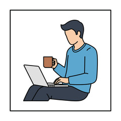 Man working on laptop, casual style, coffee break, minimalist illustration.