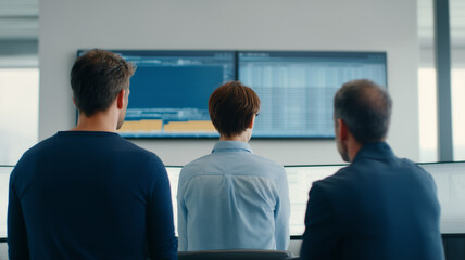 Three professionals in modern office monitor logistics data on large screens, focused teamwork, technology driven environment, efficient workflow