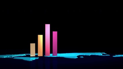 Dynamic 4K video of a colorful 3D bar chart rising from a glowing world map, rotating 360 degrees. Perfect for business, finance, global economy, data analysis, technology, and infographic projects. - Powered by Adobe