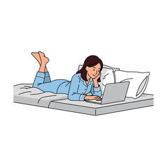 Woman in Pajamas Working on Laptop in Bed, Relaxed Mood, Cartoon Style