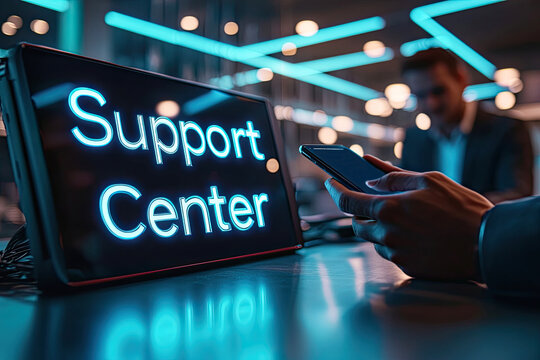 A modern support center sign with glowing letters, featuring a person using a smartphone in a stylish, illuminated environment.
