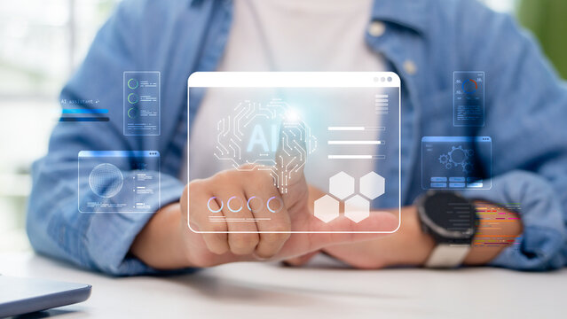 Businessman using AI interface with machine learning, data analysis, and digital innovation concept for artificial intelligence technology, automation, and future business solutions.