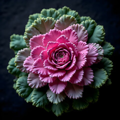 Obraz premium Close up of a pink and green ornamental cabbage on dark background