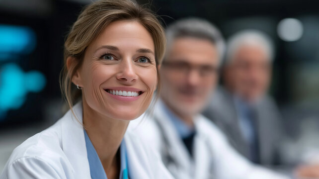 Healthcare and medical teamwork concept with excited professionals in white lab coats around conference table, natural daylight and subtle hospital elements emphasizing collaboration, trust, and succe