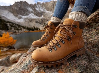Hiking boots on a rock by a serene mountain lake.  Autumn colors abound