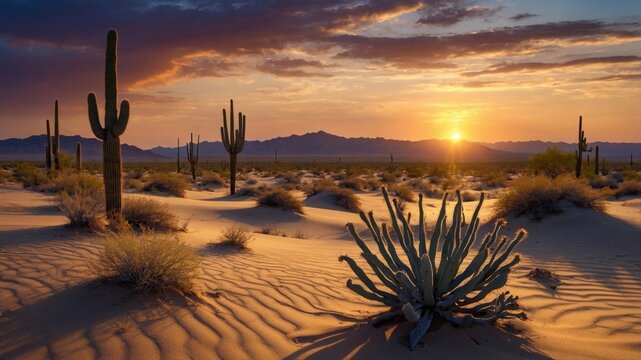 Serene desert landscape at sunset with cacti and sand dunes under a colorful sky